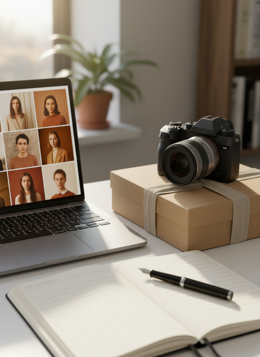 A carefully arranged desktop scene shows a sleek silver laptop displaying a grid of softly blurred portrait thumbnails, each in warm, cohesive color tones. Beside it, a high-end mirrorless camera with a prime lens rests atop a closed kraft portfolio box, tied neatly with linen ribbon. A black fountain pen lies across a cream appointment notebook, open to a page filled with elegantly spaced lines. Soft morning light from a nearby window falls across the desk, creating subtle highlights on the metal surfaces and gentle shadows under the objects. Shot from a slightly elevated angle with a shallow depth of field, the laptop screen is in focus while the background fades softly. The mood is organized, calm, and professional, emphasizing the thoughtful process behind portrait photography sessions.
