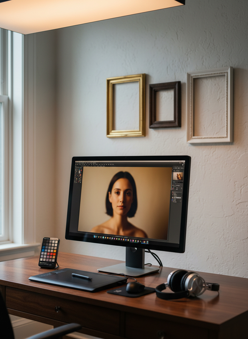 A refined workspace in a boutique portrait studio shows a large, calibrated monitor displaying a single, softly blurred portrait in rich, warm tones against a muted background. Next to it, a set of professional editing tools—a color checker, a graphics tablet with stylus, and high-end headphones—rest neatly on a dark walnut desk. Behind, exquisite sample frames in brass, ebony wood, and soft white lean against a textured plaster wall. Soft overhead studio light mixes with cool daylight from a side window, creating balanced, true-to-color illumination with gentle, controlled shadows. Captured from an oblique angle with a shallow depth of field, the monitor and tablet are in crisp focus. The mood is meticulous and elevated, showcasing the thoughtful editing and presentation process in fine portrait photography.