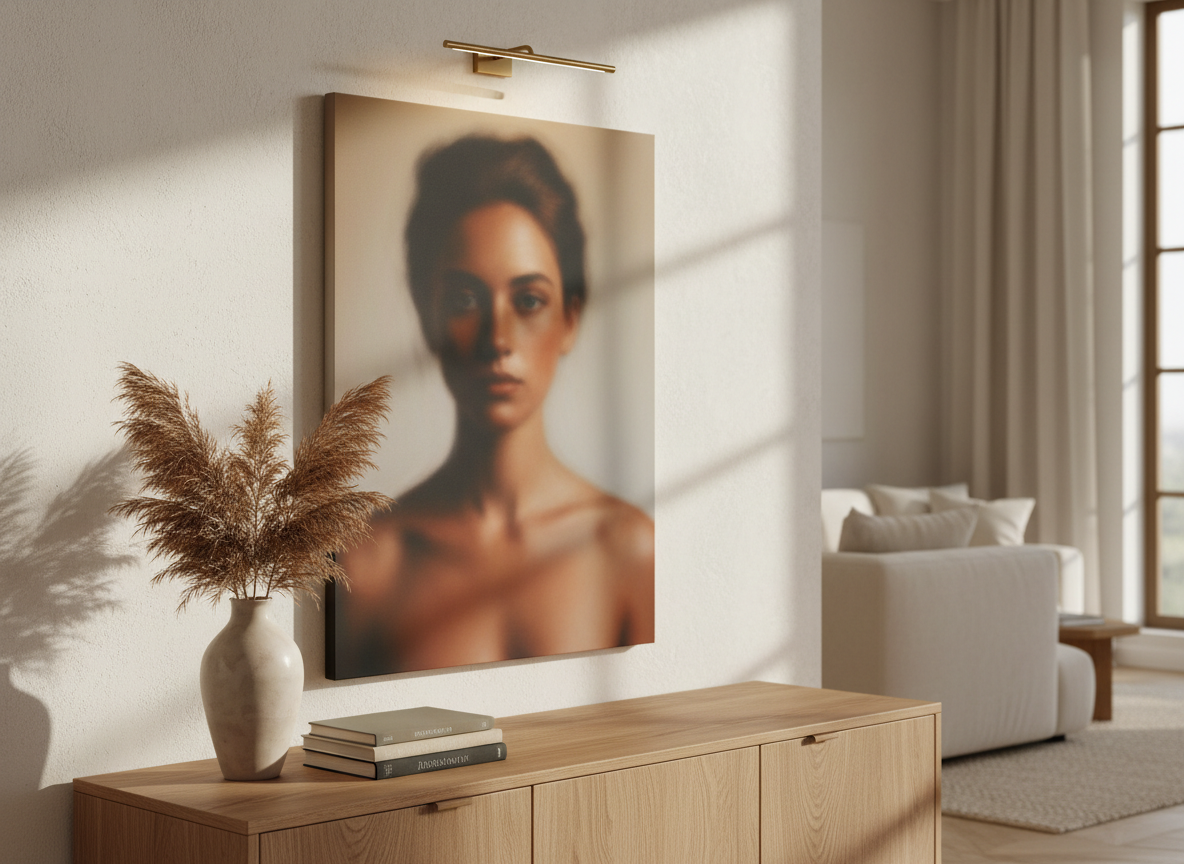 A tastefully styled living room corner features a low, natural oak sideboard with a large, statement portrait canvas hanging above it, the image rendered intentionally out of focus in harmonious warm and neutral tones. On the sideboard, a tall, sculptural ceramic vase with dried grasses, a small stack of linen-bound books, and a slim brass picture light mounted overhead complete the scene. Soft, late-day sunlight enters from a floor-to-ceiling window, grazing the canvas and creating a gentle glow along its edges. Shot from a three-quarter angle with moderate depth of field, the canvas is emphasized while the room softens into the background. The atmosphere is sophisticated, warm, and inviting, conveying how portrait photography enhances an elegant home space.