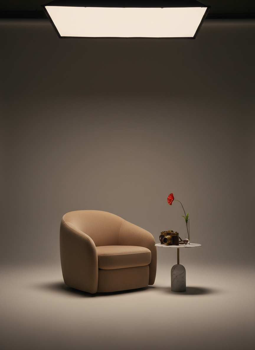 A minimalist studio set is arranged around a single, sculptural armchair upholstered in muted sand-colored boucle, positioned slightly off-center against a seamless warm gray backdrop. Beside it, a small round marble side table holds an antique brass camera and a delicate glass vase with a single poppy stem. Overhead, a large softbox creates luxuriously soft, directional light, forming subtle gradients on the backdrop and a graceful shadow falling behind the chair. Shot at eye level with a wide aperture, the chair and props are sharply in focus while the edges drift into a soft falloff. The overall mood is calm, polished, and editorial, in a photographic realism style that suggests a sophisticated portrait session setting without showing any people.