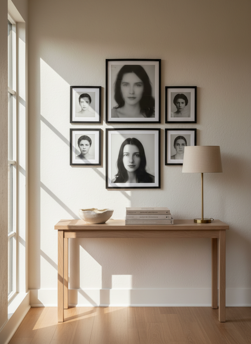A refined home entryway scene features a narrow, pale oak console table against a textured, warm white wall adorned with a curated gallery of softly blurred portrait frames in varying sizes and thin black borders. On the console, a stoneware bowl, a stack of art books, and a single brass table lamp with a linen shade create a composed still life. Late afternoon natural light streams in from a sidelight window, casting elegant, elongated shadows and highlighting the subtle wall texture. Captured from an eye-level perspective with a slightly wide frame, the composition feels airy and balanced. The photographic realism and understated color palette evoke the feeling of a sophisticated home transformed by thoughtfully displayed portrait photography.