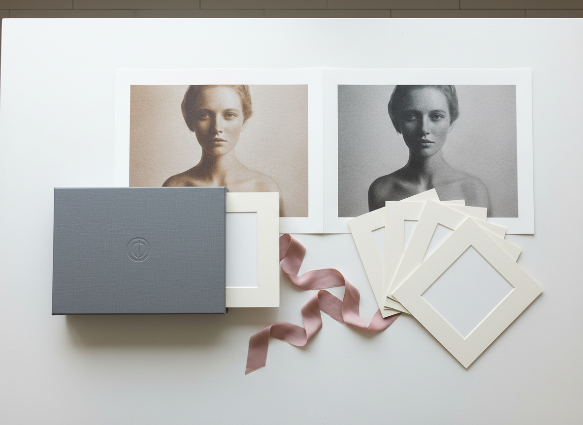 On a smooth, chalk-white studio table, a collection of luxurious print products is arranged with meticulous care: a pair of fine art prints with softly abstracted portraits, a slate-gray linen folio box with a debossed logo, and a set of matte, ivory matted prints partially fanned out. A silk ribbon in muted blush drapes casually yet intentionally across the scene. Overhead diffused studio lighting and faint side daylight together create soft, shadowless illumination that gently emphasizes paper texture and fabric weave. Captured from a top-down perspective with sharp focus throughout, the composition feels refined and editorial. The photographic realism and restrained palette highlight the tangible, archival beauty of professionally printed portraits.