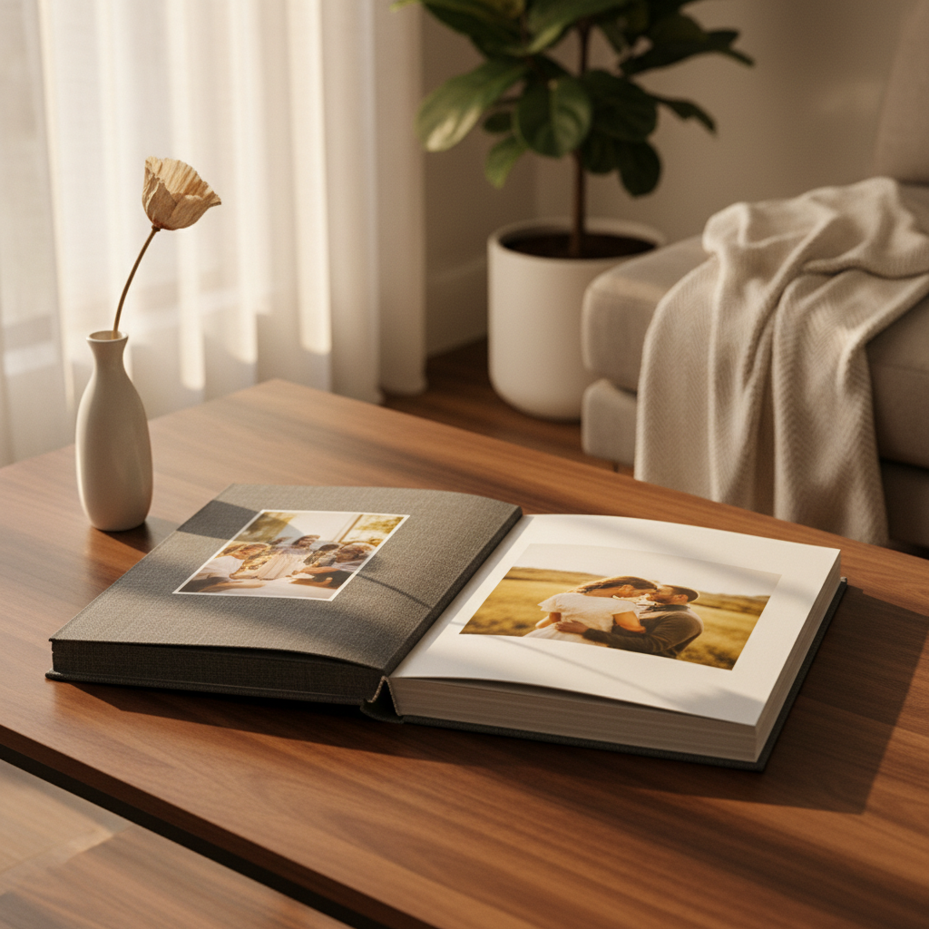 A finely bound, charcoal-gray linen photo album lies open on a walnut coffee table, displaying two full-bleed, softly blurred portrait spreads that hint at joyful occasions without revealing specific faces. Around the album, a delicate ceramic vase with a single dried poppy stem and a neatly folded cashmere throw create a refined living room vignette. Soft golden hour light filters through sheer curtains, adding a warm, understated glow and subtle reflections on the table’s surface. Captured from a slightly elevated angle with the album centered and the setting gently out of focus, the scene feels intimate, calm, and luxurious. The photographic realism and clean, modern styling emphasize the enduring, heirloom quality of professional portrait sessions.