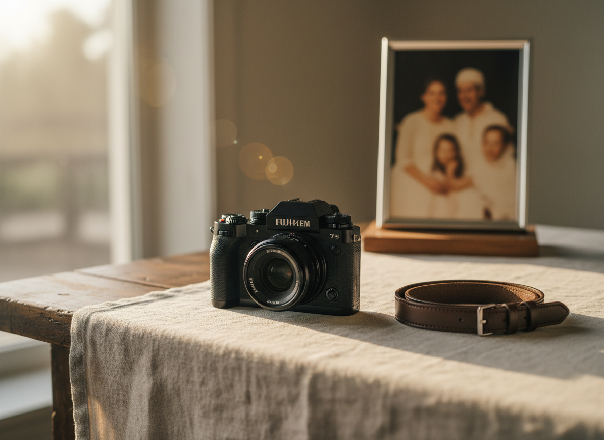 A beautifully crafted, matte black mirrorless camera rests on a linen-draped wooden table, its premium leather strap coiled gracefully beside it. An elegant, silver-framed portrait in soft focus stands in the background, showing only a blurred suggestion of figures and warm tones. Gentle late-afternoon natural light enters from a nearby window, skimming across the camera’s metal edges and casting refined, elongated shadows. Shot at eye level with a shallow depth of field, the camera is in crisp focus while the surroundings melt into a creamy bokeh. The mood is sophisticated and serene, with a photographic realism and minimalist aesthetic that conveys the artistry and quiet precision behind timeless portrait photography.