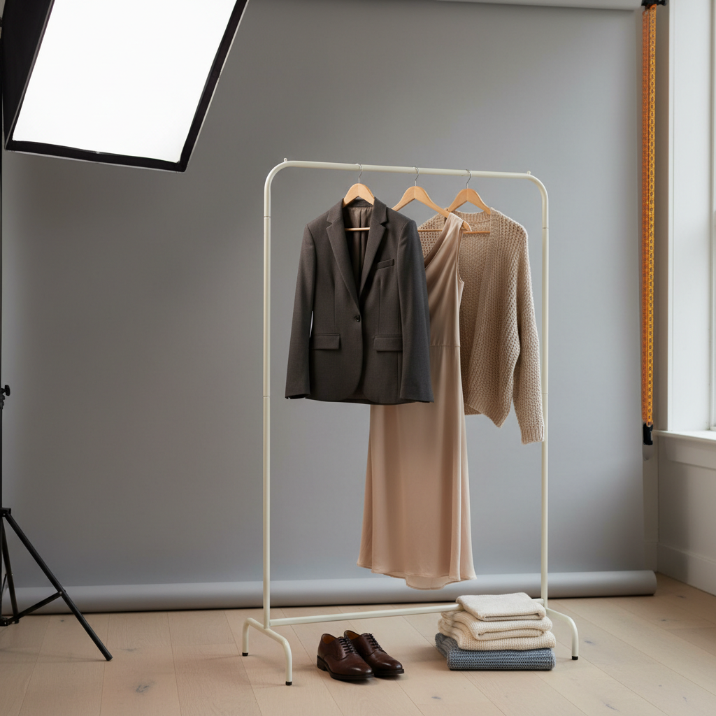 An elegant, cream-colored garment rack stands against a soft dove-gray studio wall, showcasing carefully arranged wardrobe options for a portrait session: a tailored charcoal blazer, a flowing champagne silk dress, and a textured oatmeal cardigan, all on matching wooden hangers. Beneath, a pair of polished leather shoes and neatly folded knit throws sit on a pale oak floor. Overhead, a large, diffused softbox and a distant window cast a blend of natural and studio light, creating a flattering, shadow-soft glow across the fabrics. Captured from a three-quarter angle with a moderate depth of field, the scene is crisp yet gentle, evoking a sophisticated, editorial styling experience that underlines the preparation behind refined portrait photography.