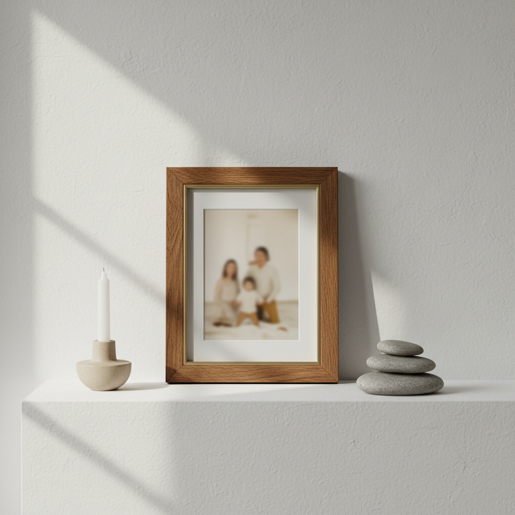 A classic wooden picture frame with a narrow, brushed brass edge stands on a white plaster mantle, holding a softly abstracted, out-of-focus family portrait rendered in warm neutrals. Nearby, a small stack of smooth river stones and a minimalist sand-colored ceramic candle holder add subtle texture. Diffused overcast daylight pours in from an unseen window, wrapping the frame in gentle, even illumination and casting barely-there shadows along the mantle. Shot straight on with a balanced, rule-of-thirds composition and moderate depth of field, the frame is sharply rendered while the background wall recedes softly. The mood is serene, sophisticated, and timeless, perfectly reflecting the calming presence of beautifully displayed portrait photography in a curated home.