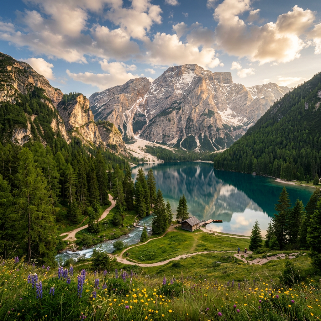 Alpine lake reflecting mountains, wildflowers in foreground, forest and cabin by shore