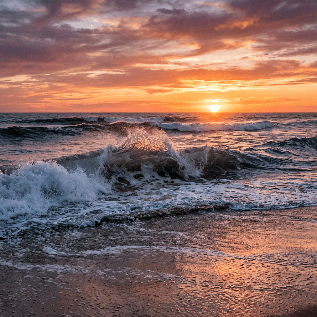 Ocean waves breaking on the sandy shore at sunset