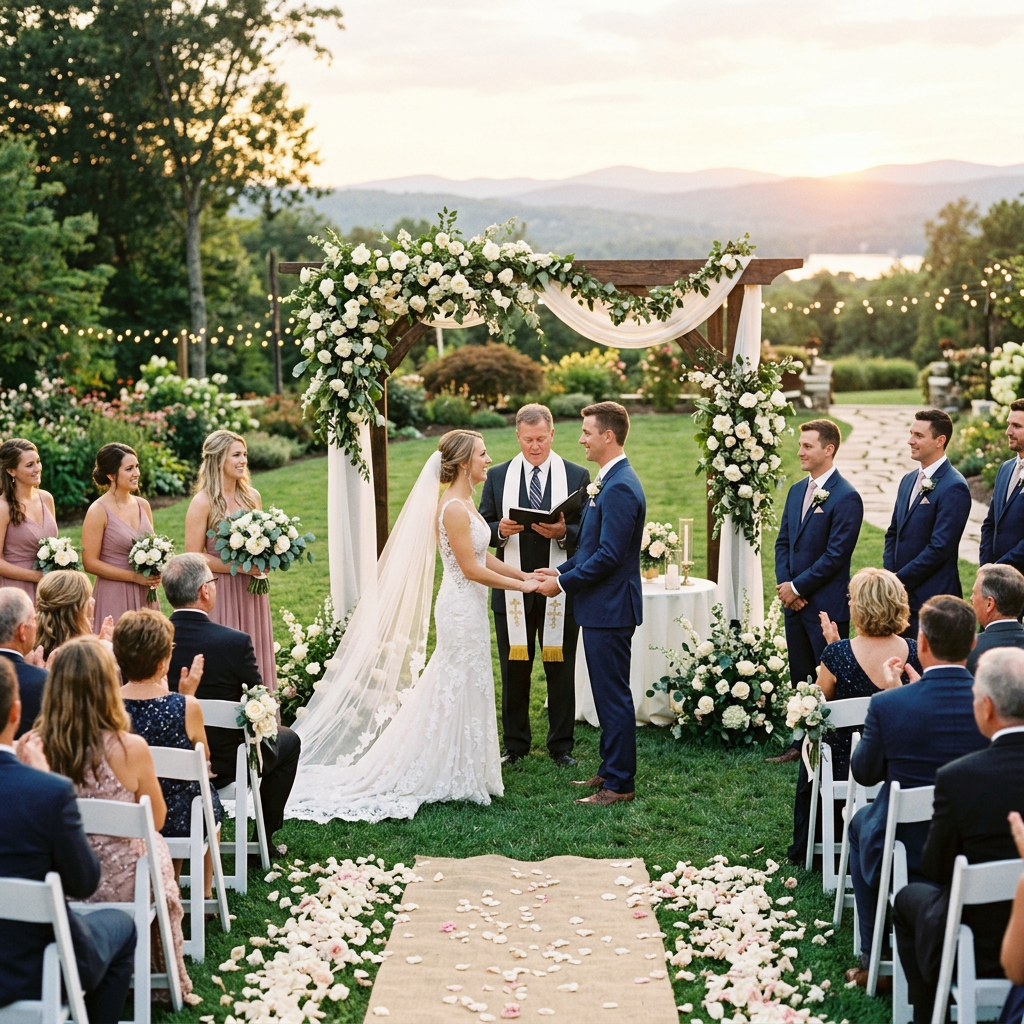Bride and groom holding hands under decorated arch during outdoor wedding ceremony with guests seated