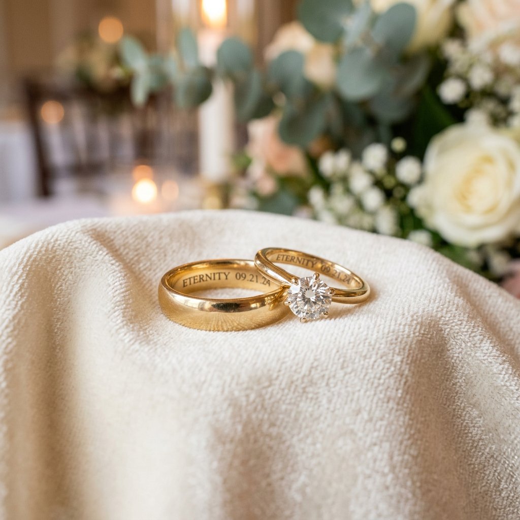 Two gold rings engraved with 'ETERNITY 09.21.24', one with a diamond, sitting on soft beige fabric